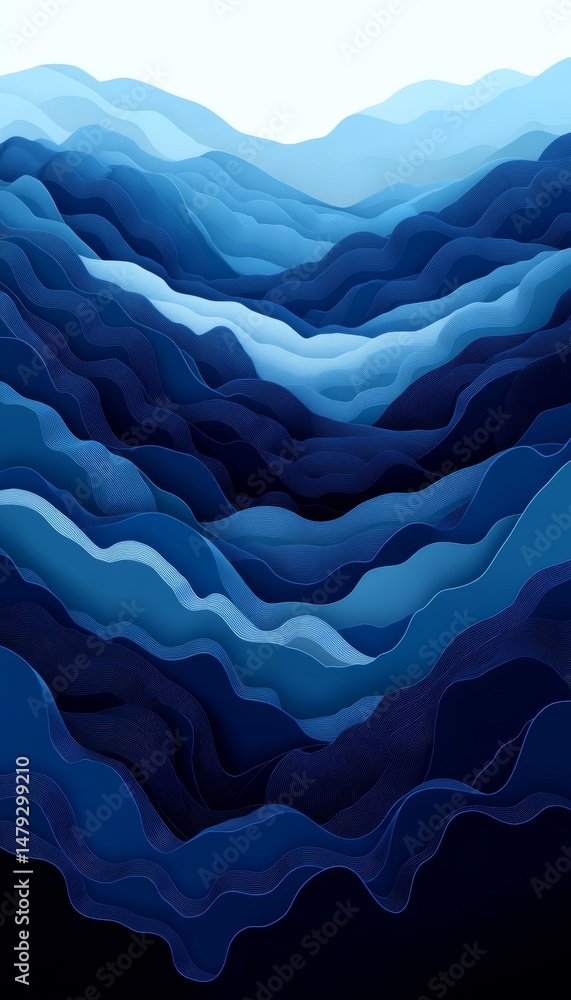 Poster abstract flow dynamic indigo and cobalt paper folds in layered, fluid waves on gradient background