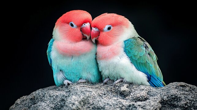 Two affectionate parakeets cuddling on a rock