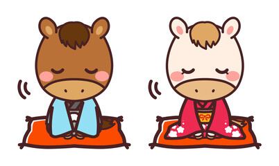 着物を着た馬のかわいいキャラクター　男女　お辞儀　イラスト素材