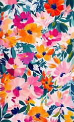 Pink peonies, orange camellias, green leaves flowers