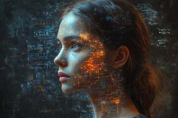 Young woman, mathematical formulas overlay