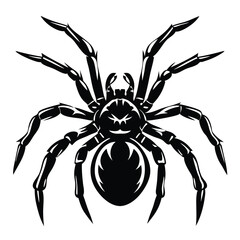 Intricate black and white illustration of a stylized, menacing spider figure
