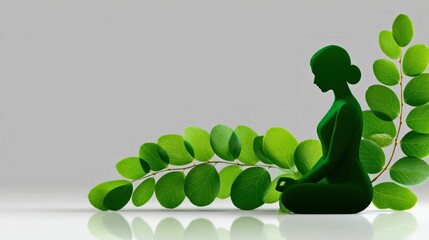 Serene Green Woman Meditating in Yoga Pose amidst Lush Leaves A peaceful  representing health nature and tranquility
