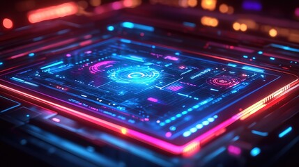 Fototapeta premium A neon-lit tablet with an interactive floating holographic display 