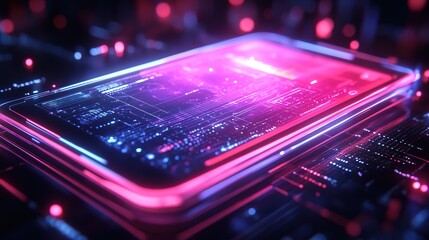 Obraz premium A neon-lit tablet with an interactive floating holographic display 