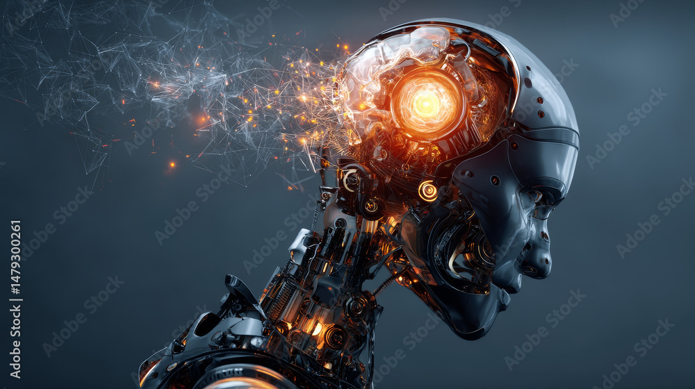 Poster artificial intelligence banner. cyber head with ai technology doodle. robotic computer intellect bra