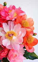 Pink peonies, orange camellias, green leaves flowers