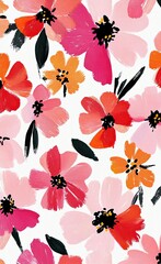 Pink peonies, orange camellias, green leaves flowers