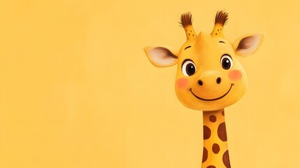 Obraz premium A charming animated giraffe, its adorable face beaming with a joyful smile, set against a cheerful yellow backdrop. A celebration of animal character.