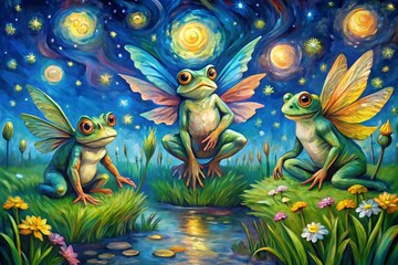 Fototapeta premium Three frogs with wings are sitting in a field. Graphic, vector, illustration, art, design, clipart, cartoon, watercolor, mockup, abstract, digital, stock, images, AI