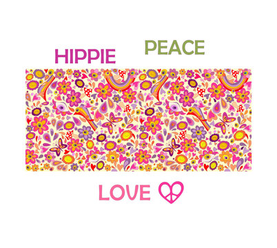 Psychedelic seamless fashion wallpaper with colorful flower-power, eyes, hearts, butterflies, fly agaric, droplets and rainbow