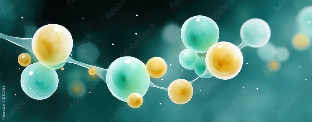 Poster abstract teal and gold spheres connected molecular structure background ideal for science technology
