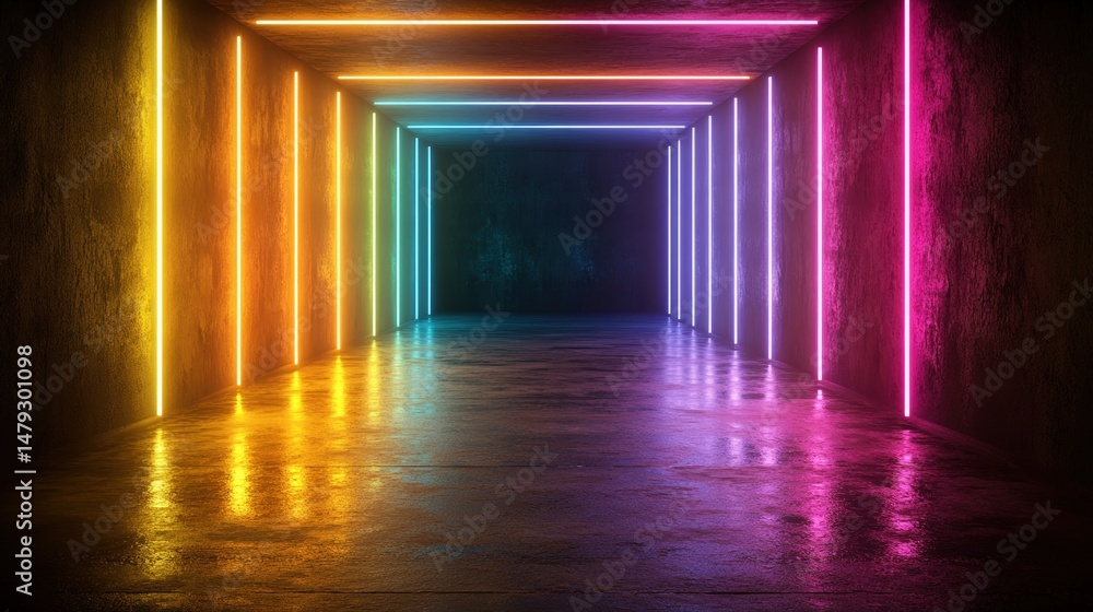 Poster vibrant neon tunnel with colorful lights reflection creating a futuristic and artistic atmosphere in