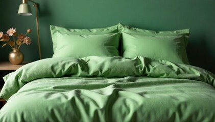 Soft moss green duvet cover, plush pillows, subtle pattern, pattern, texture, interior