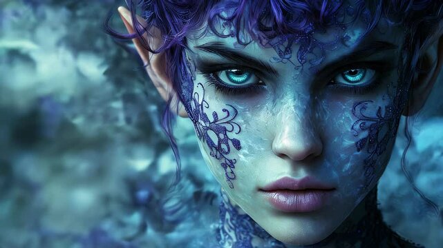 An elf woman with pale green skin and swirling misty blue patterns, sporting a dark purple pixie haircut. Her lavender lace tattoos trail across her face and body, adding an ethereal, mystical aura