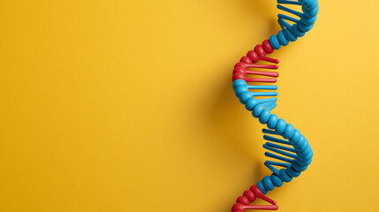 Detailed 3D render of a DNA double helix strand against a bright yellow colored background.