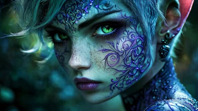 An elf woman with pale green skin and swirling misty blue patterns, sporting a dark purple pixie haircut. Her lavender lace tattoos trail across her face and body, adding an ethereal, mystical aura