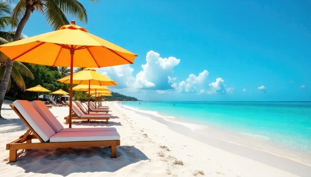 Sunny beach scene with vibrant umbrellas and lounge chairs, perfect for summer vacation , sun, hot, horizon