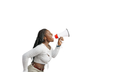  A woman holding a megaphone on a isolated free png background with clipping path. Promotion, action, ad, job questions, discussion. Business concept, communication, information.