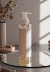 Empty pump bottle, beige label,  natural light