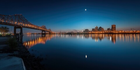 Fototapeta premium Delaware River Sunset with Modern Buildings and Abandoned Bridge, Calm Waters Reflecting Clouds, City Lights Over Horizon