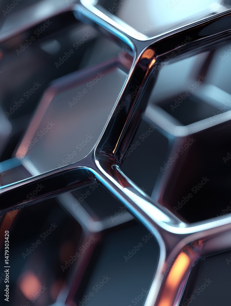 Poster abstract close-up of a futuristic hexagonal pattern with shiny surfaces and reflections showcasing m