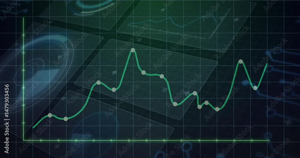 Poster green line chart fluctuating on dark grid, showing data points moving across flat design ui panels