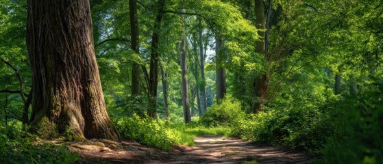 Obraz premium erene Forest Landscape with Tall Trees and Lush Greenery, Open Space for Wildlife and Vegetation, Natural Daylight