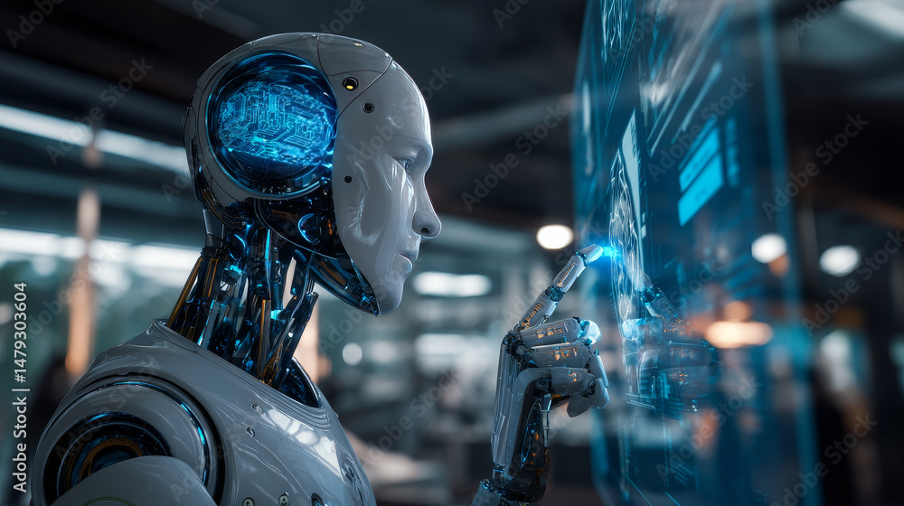 Poster robot cybernetic organism works with a virtual hud interface in augmented reality. humanoid robot wi