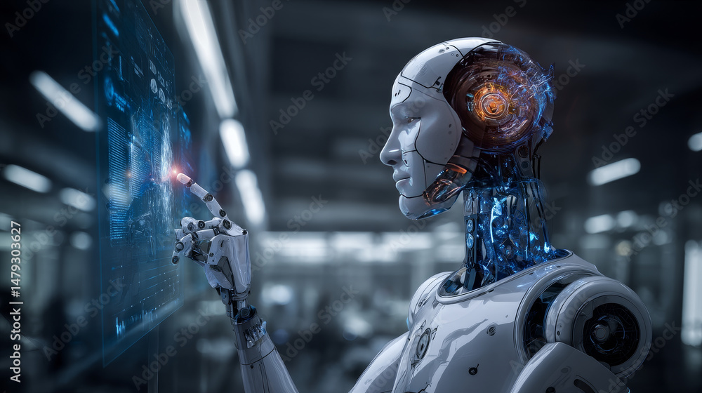 Poster robot cybernetic organism works with a virtual hud interface in augmented reality. humanoid robot wi