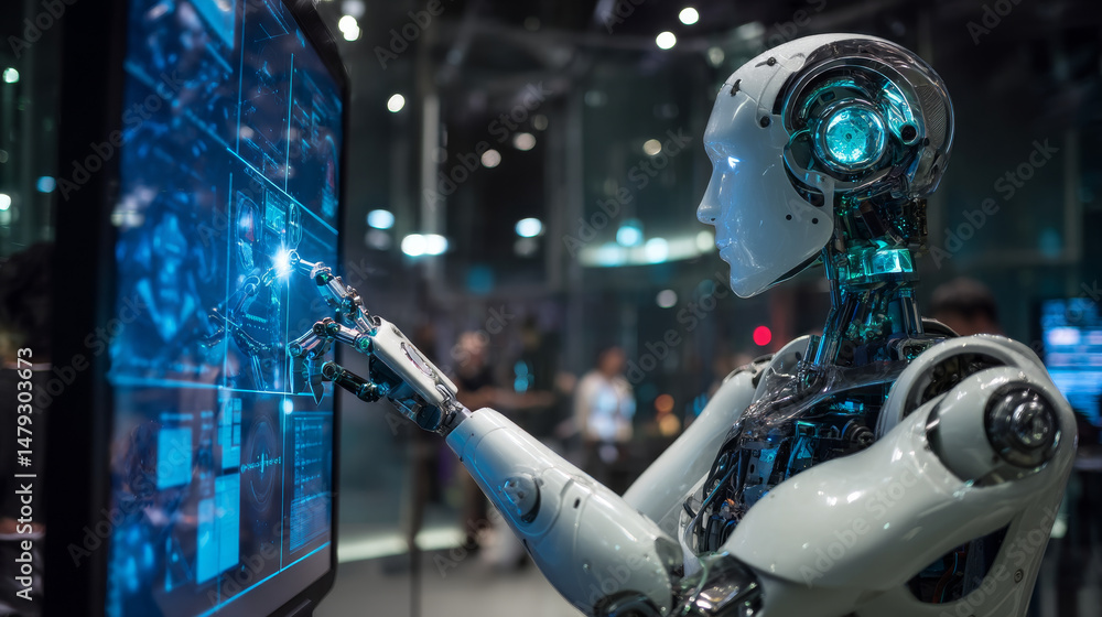 Poster robot cybernetic organism works with a virtual hud interface in augmented reality. humanoid robot wi