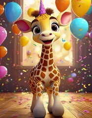 Fototapeta premium Giraffe birthday party with balloons and cake cartoon 