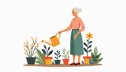 Senior woman gardening with watering can, nurturing plants