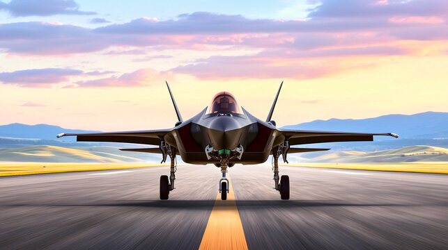 Fighter jet sits ready for takeoff on an airfield runway du the colorful evening sunset hours.