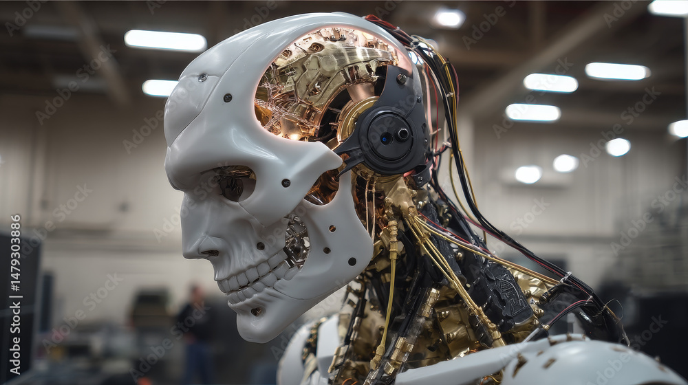 Poster anthropoid robot printed mask on 3d printer. cyborg with artificial intelligence hide metal head and