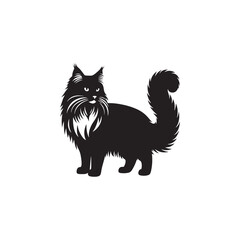 Norwegian Forest Cat Vector Silhouette: Majestic, Long-Haired Feline with Thick Coat and Bushy Tail, Captured in a Sleek, Minimalist Outline for Artistic, Modern Designs.
