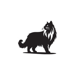 Norwegian Forest Cat Vector Silhouette: Majestic, Long-Haired Feline with Thick Coat and Bushy Tail, Captured in a Sleek, Minimalist Outline for Artistic, Modern Designs.

