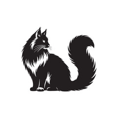 Norwegian Forest Cat Vector Silhouette: Majestic, Long-Haired Feline with Thick Coat and Bushy Tail, Captured in a Sleek, Minimalist Outline for Artistic, Modern Designs.
