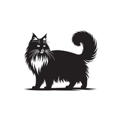 Norwegian Forest Cat Vector Silhouette: Majestic, Long-Haired Feline with Thick Coat and Bushy Tail, Captured in a Sleek, Minimalist Outline for Artistic, Modern Designs.

