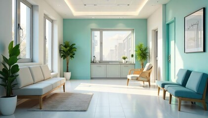 A clean, modern doctor's office waiting area with comfortable seating and calming decor , contemporary, seating, minimalist