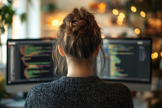 Woman programmer working late at night, focused on code displayed on dual monitors.