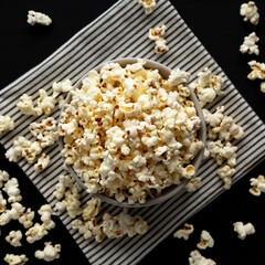 Homemade Butter Popcorn with Salt in a Bowl, top view.