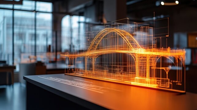 A holographic bridge construction plan displayed in an urban development lab