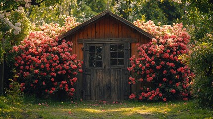 Wooden shed enveloped by vibrant roses in a garden setting