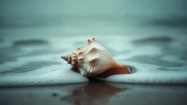 A close-up view of a beautiful seashell resting on a sandy beach, with gentle waves lapping in the background at sunset