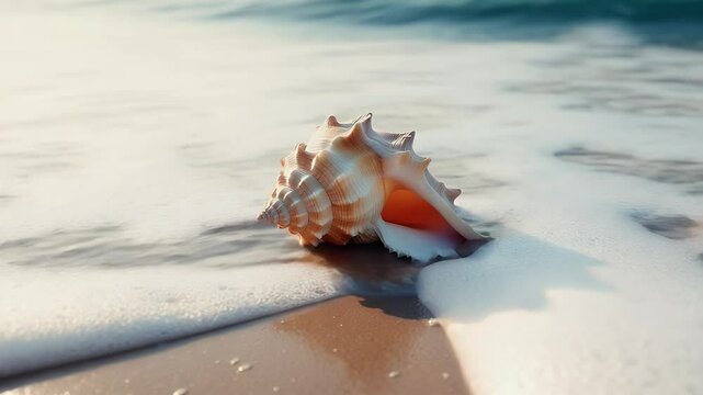 A close-up view of a beautiful seashell resting on a sandy beach, with gentle waves lapping at the shore in the background