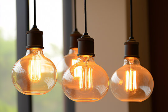 Four glowing vintage style light bulbs hang gracefully from the ceiling casting a warm glow indoors.