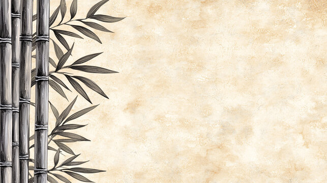 Bamboo stalks and leaves are artistically painted on beige textured paper in serene illustration.