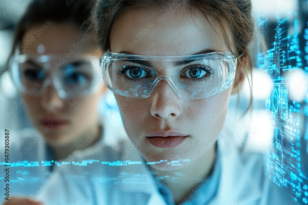 Aufkleber two female scientists in lab coats analyze data projected onto a screen, showcasing technological ad
