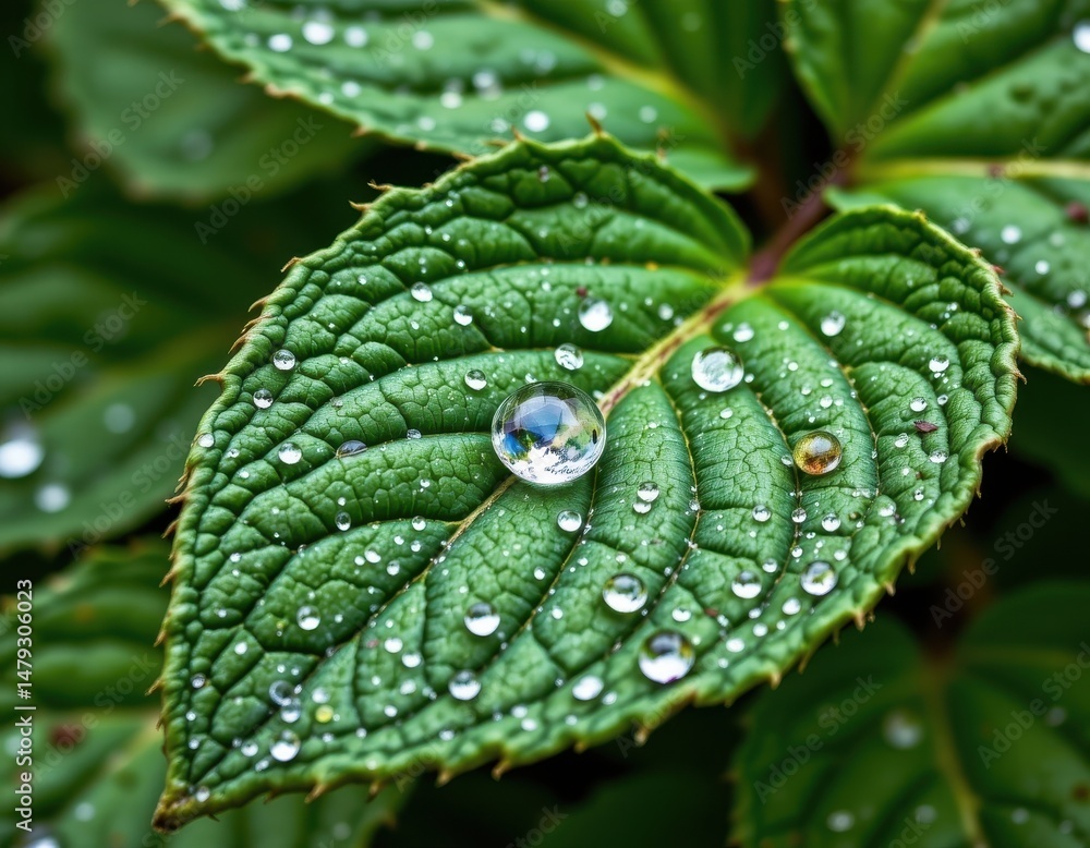Poster realistic macro photograph of textured leaves with dew drops, emphasizing intricate vein patterns